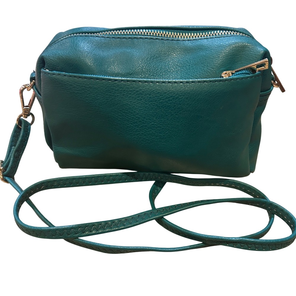 Teal Faux Leather Crossbody Bag Gold Tone Zipper Front Pocket Adjustable Strap